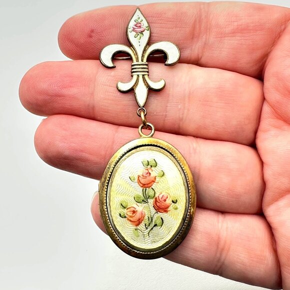 Antique Sterling Silver Yellow Guilloche Fleur De Lis Picture Locket Pin Brooch - Picture 3 of 7